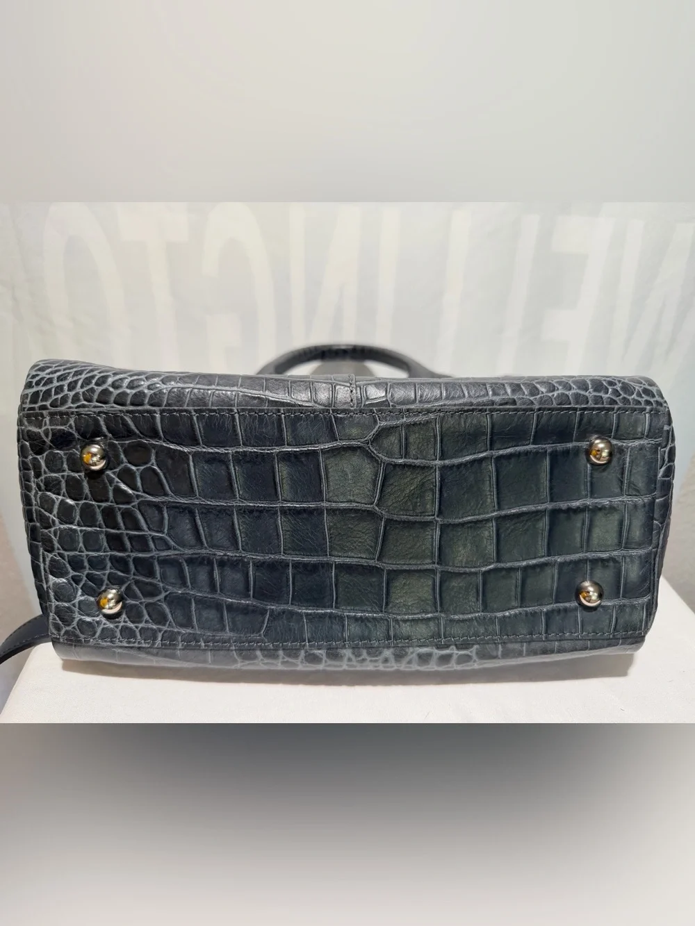 Longchamp Légende Black Gray Blue Croc-Embossed Leather Two Way Handbag